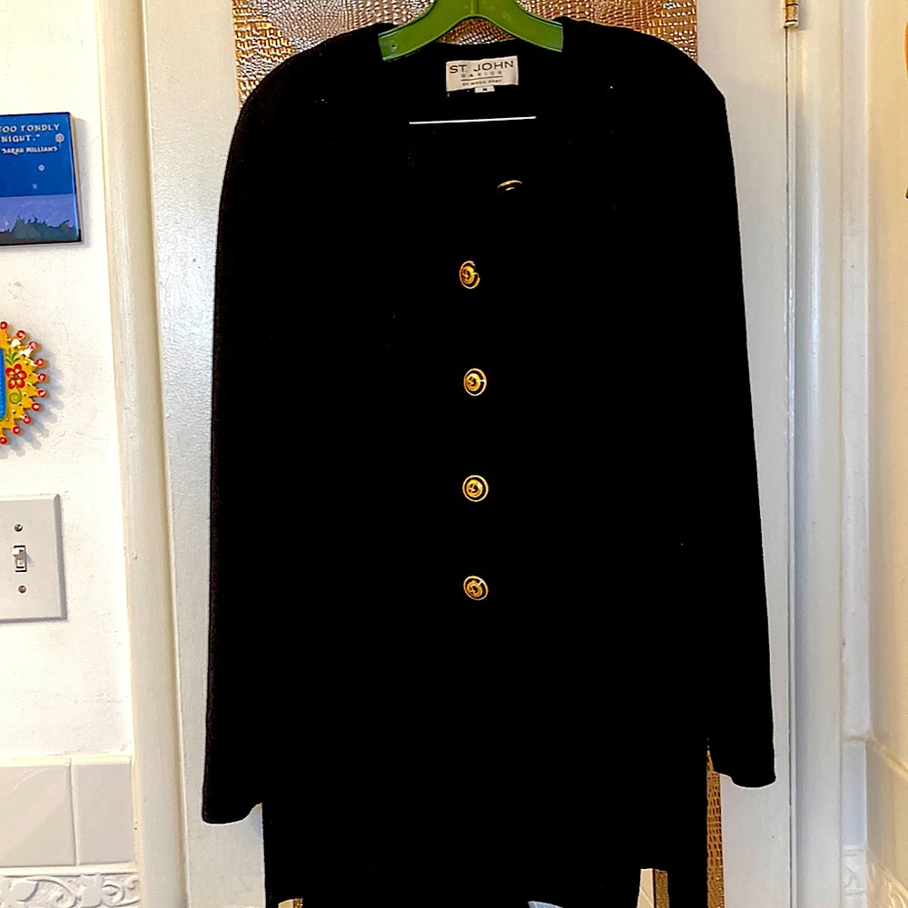 St. John knit suit gold buttons, classic pleaded skirt style.